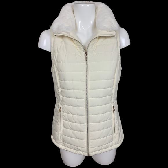 Calvin Klein Off White Zip Up Puffer Vest with Faux Fur Collar Small - Picture 1 of 13